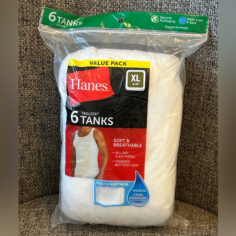 MENS HANES 6 PK TAGLESS WHITE TANKS SOFT BREATHABLE LONG LENGTH SIZE XL 46"-48"